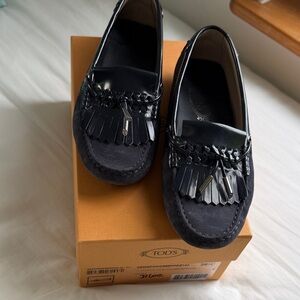 Tod's Black Suede Loafers with Fringe Detail